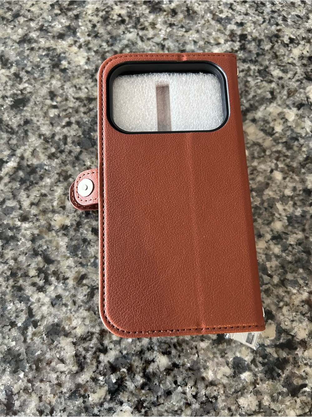 Brown Leather Flip Wallet iPhone 17 Pro Case with Camera Window